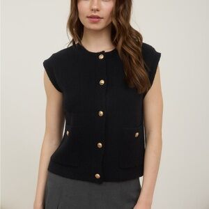 Black Sleeveless Cardigan with Gold Buttons